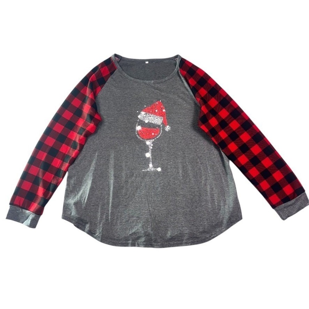 Plaid Wine Glass Santa Hat Raglan Tee‎ Gray Red Long Sleeve NWOT